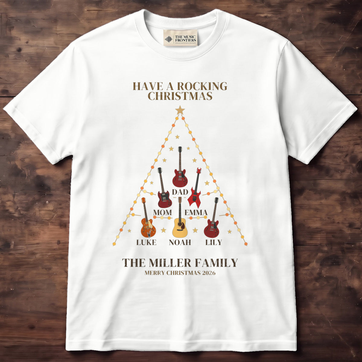 White t-shirt with the personalized Family Christmas Tree of Instruments design