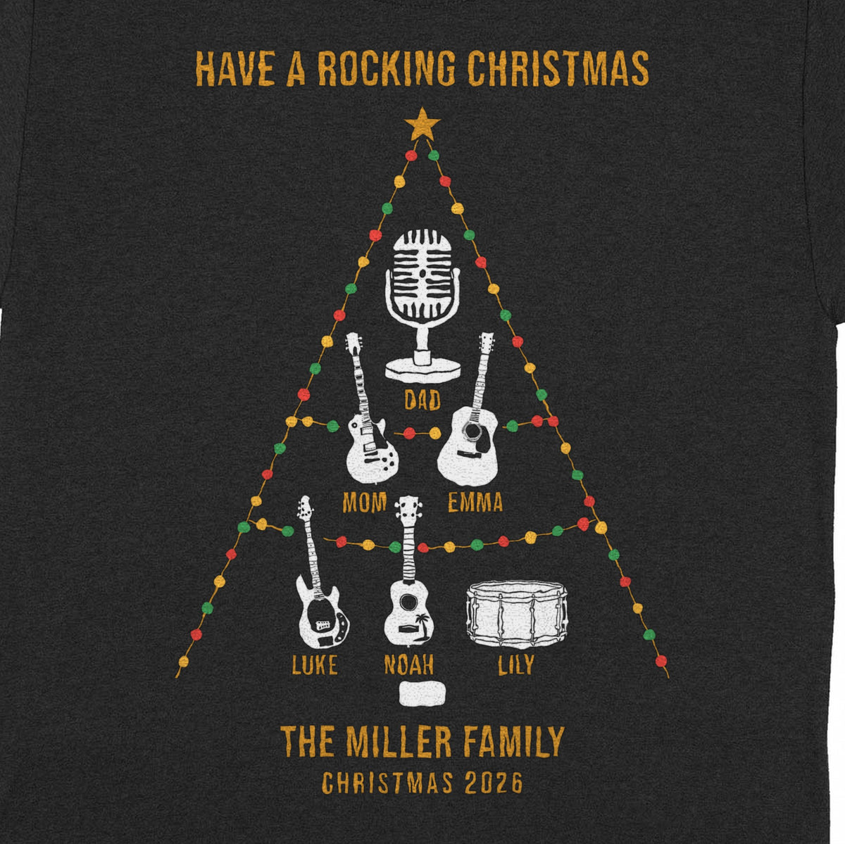 Family Christmas Tree of Instruments Personalized Shirt - Close-up of the print on the black shirt