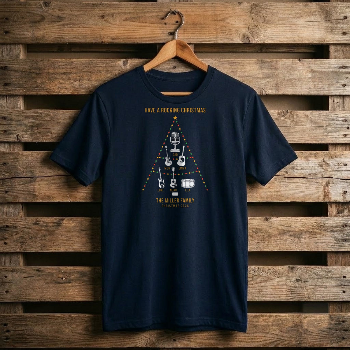 Family Christmas Tree of Instruments Personalized Shirt - navy T-shirt on a hanger