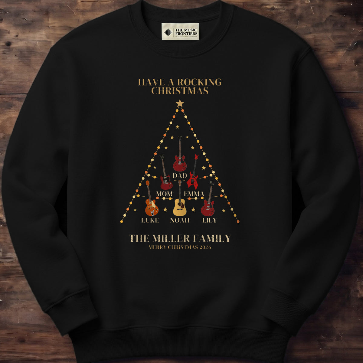 Black sweatshirt with the personalized Family Christmas Tree of Instruments design