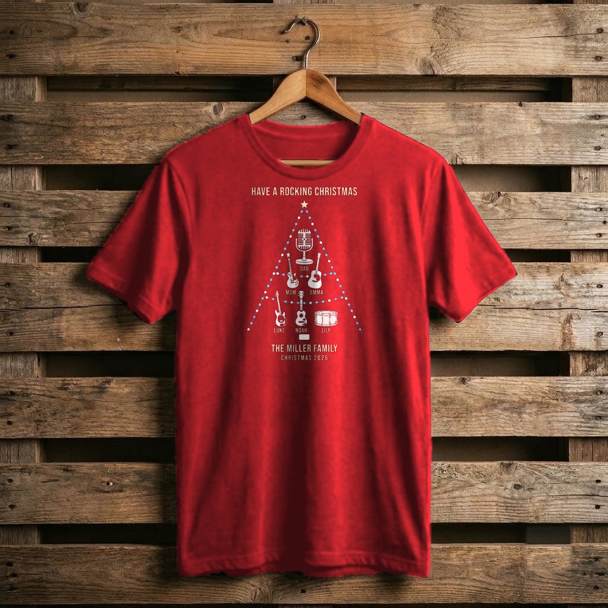 Family Christmas Tree of Instruments Personalized Shirt - red T-shirt on a hanger