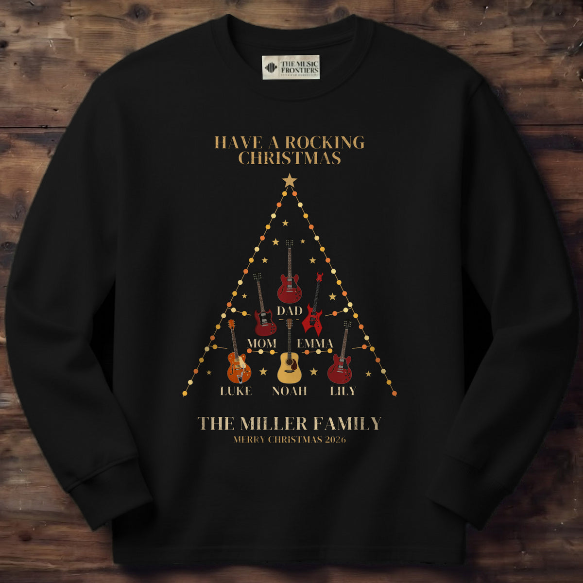 Black long sleeve shirt with the personalized Family Christmas Tree of Instruments design