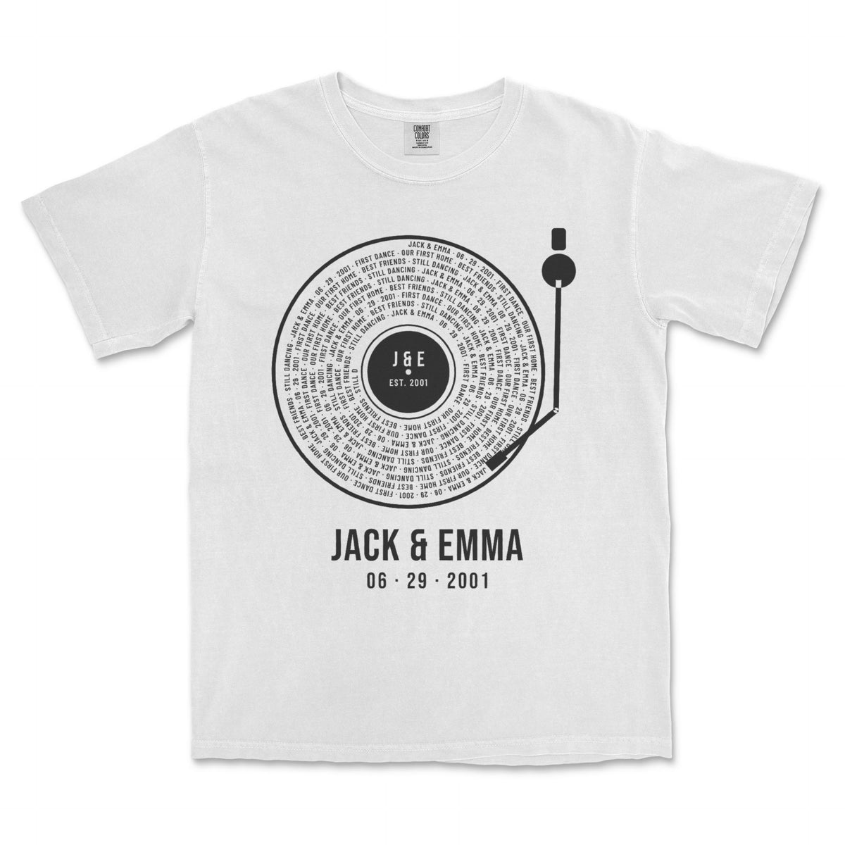 Personalized Couple Vinyl Record Shirt with Names, Date and Your Words - White garment-dyed tee, front