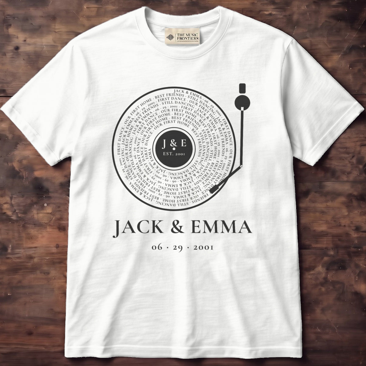 White Comfort Colors t-shirt with the personalized Couple Vinyl Record with Names, Date and Your Words design