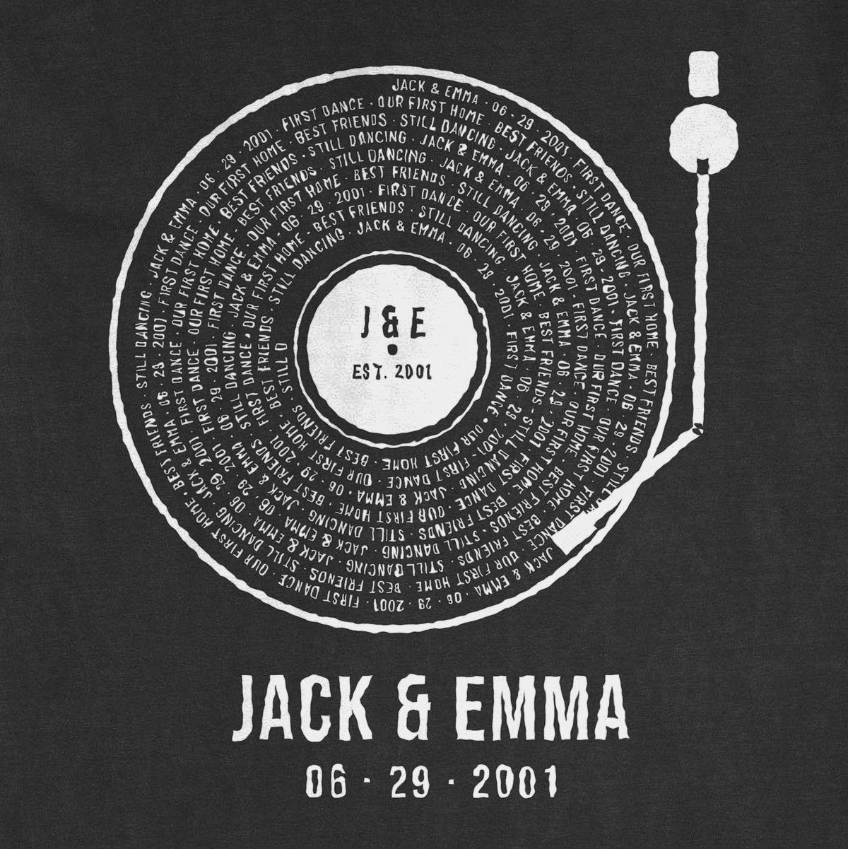 Personalized Couple Vinyl Record Shirt with Names, Date and Your Words - close-up of the print on the black shirt
