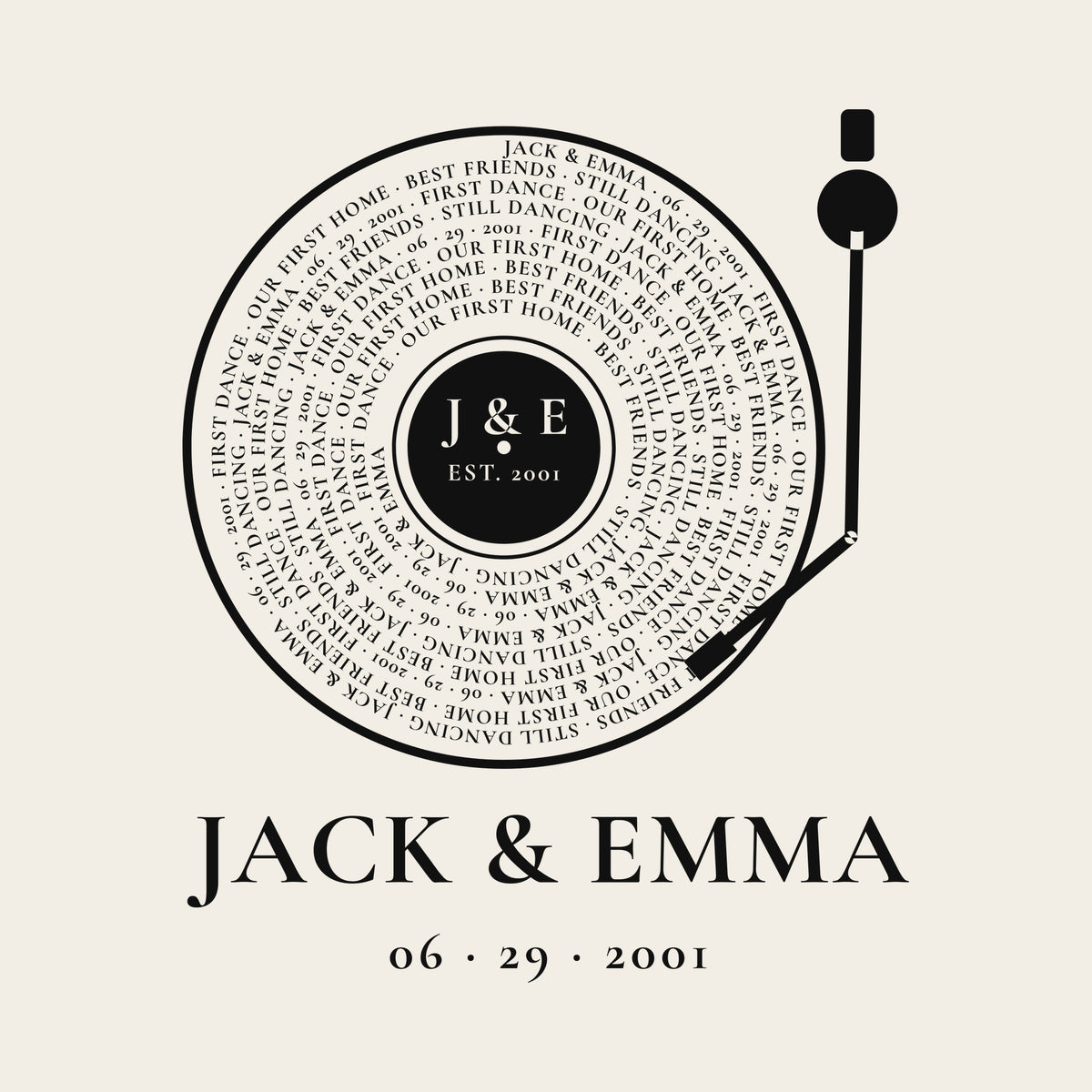 Couple Vinyl Record with Names, Date and Your Words design artwork on its own, personalized with your details