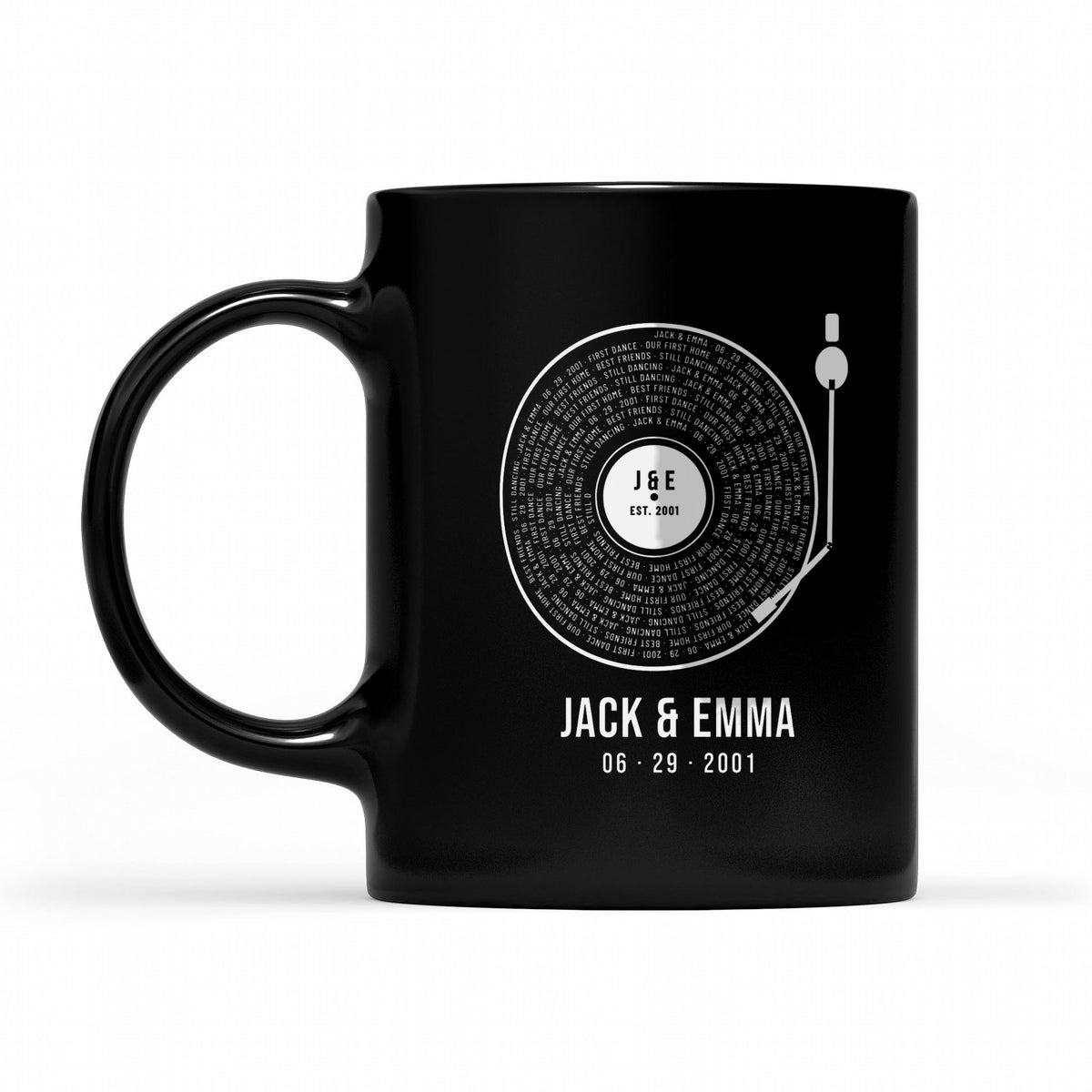 Personalized Couple Vinyl Record Shirt with Names, Date and Your Words - matching black mug