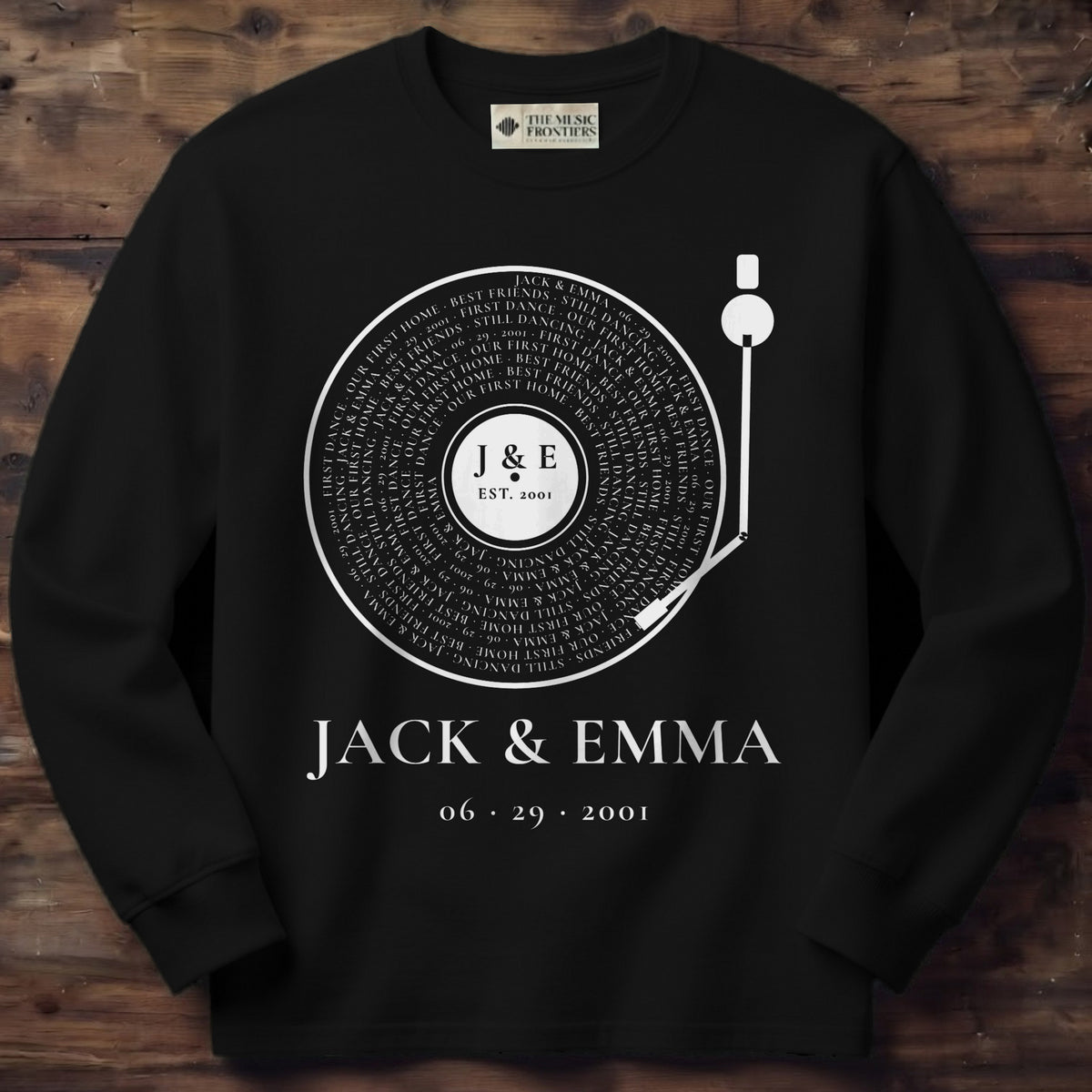 Black long sleeve shirt with the personalized Couple Vinyl Record with Names, Date and Your Words design