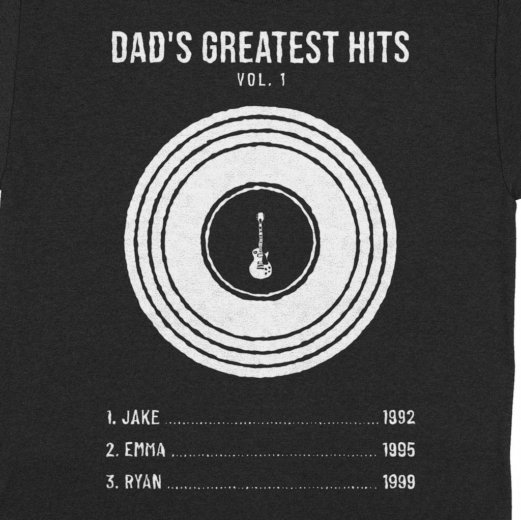 Dad's Greatest Hits Personalized Shirt with Kids Names - Close-up of the print on the black shirt