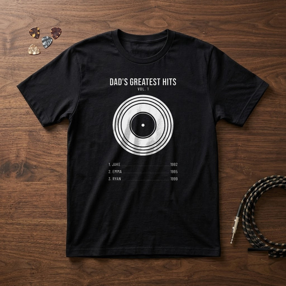 Dad's Greatest Hits Personalized Shirt with Kids Names - black T-shirt flat lay