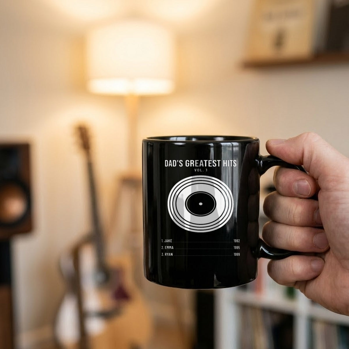 Dad's Greatest Hits Personalized Shirt with Kids Names - matching black mug