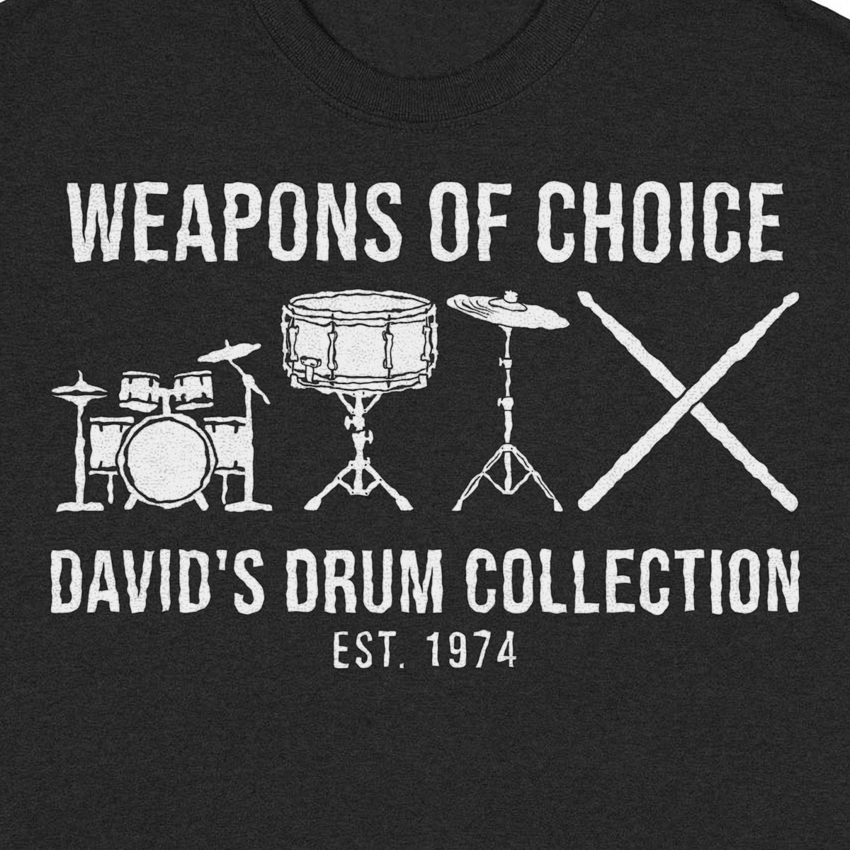 Personalized Drum Collection Shirt, Custom Name Gift for Drummer - Close-up of the print on the black shirt