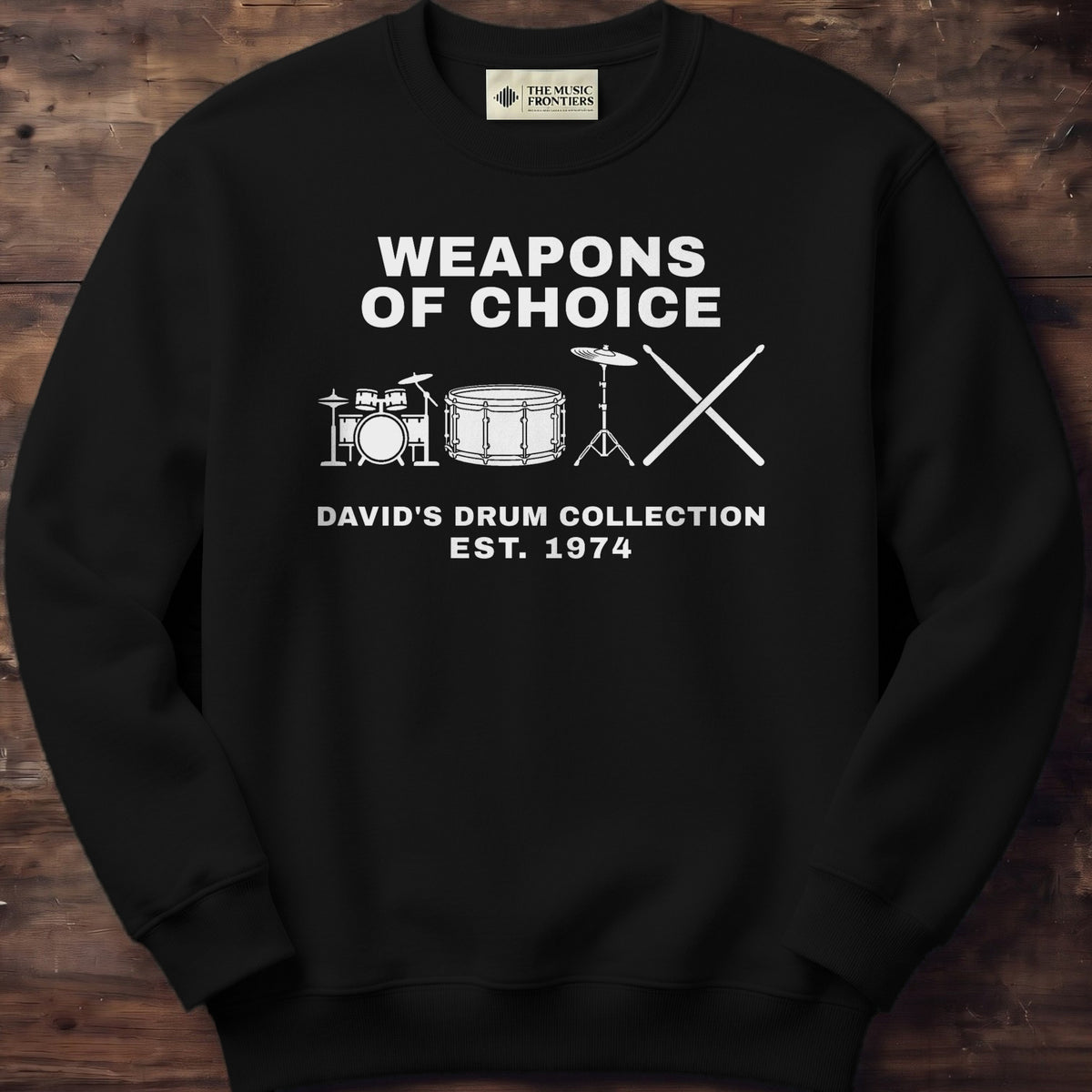 Black sweatshirt with the personalized Drum Collection , Name Gift for Drummer design