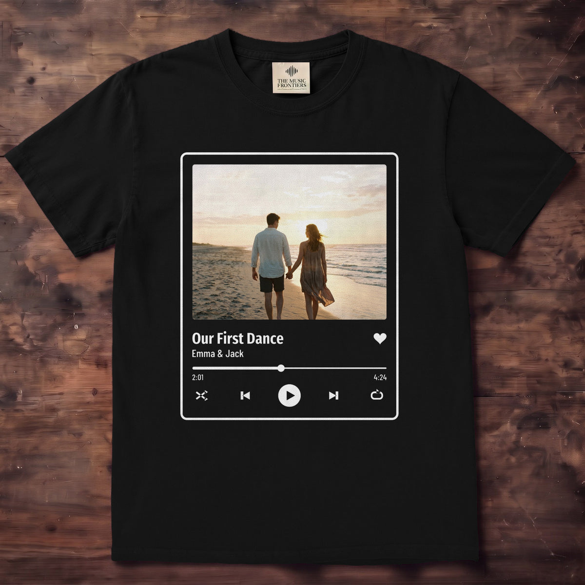 Ivory Comfort Colors tee with a photo card and a music player bar reading Our First Dance, Emma & Jack