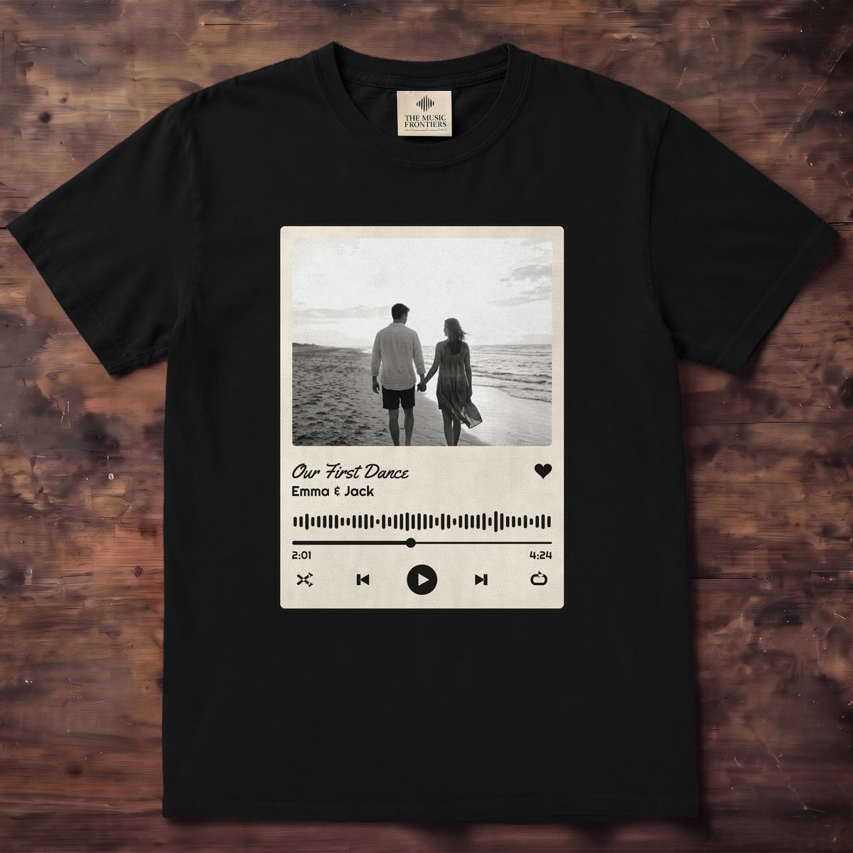 Black Comfort Colors t-shirt with the personalized Song Title and Photo Music Player design