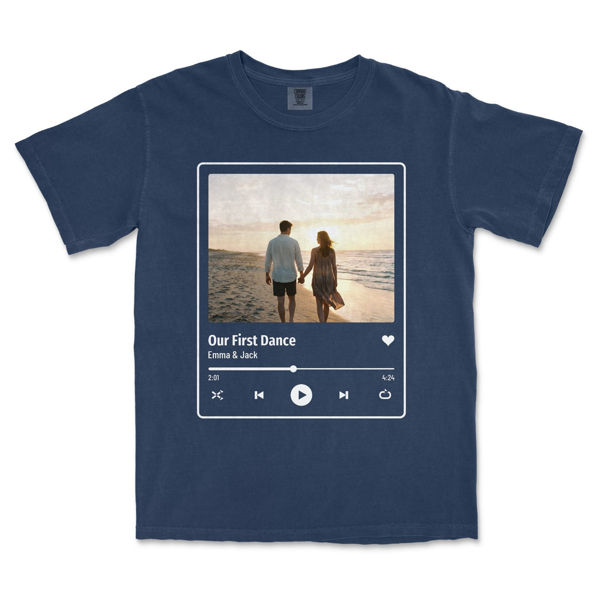 Custom Song Title and Photo Music Player Shirt - Navy garment-dyed tee, front