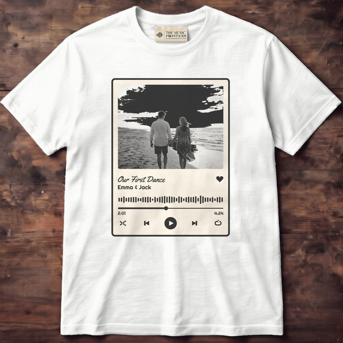 White Comfort Colors t-shirt with the personalized Song Title and Photo Music Player design