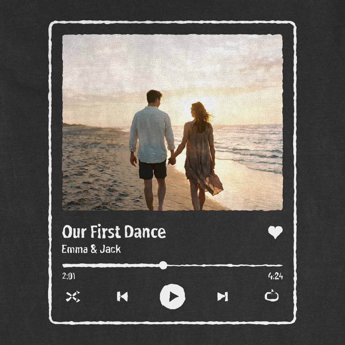 Custom Song Title and Photo Music Player Shirt - close-up of the print on the black shirt