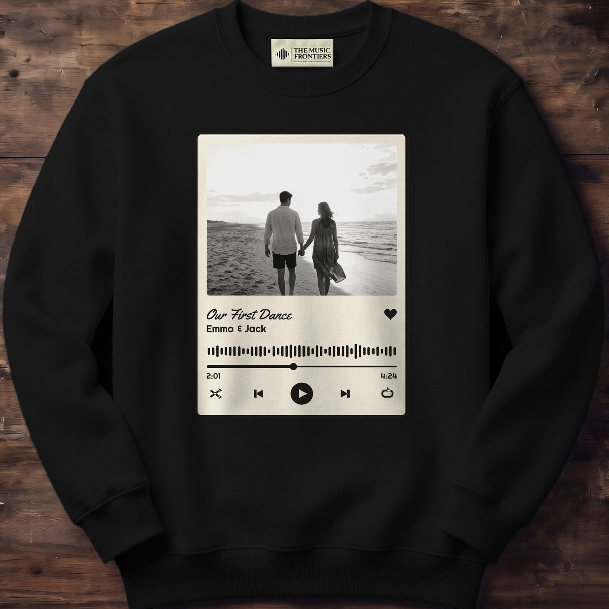 Black sweatshirt with the personalized Song Title and Photo Music Player design