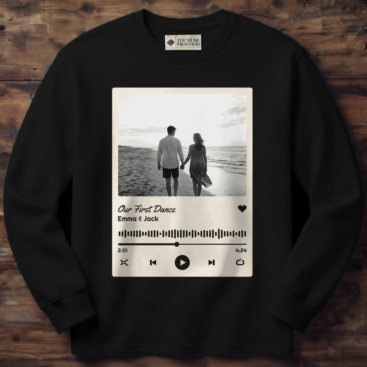 Black long sleeve shirt with the personalized Song Title and Photo Music Player design