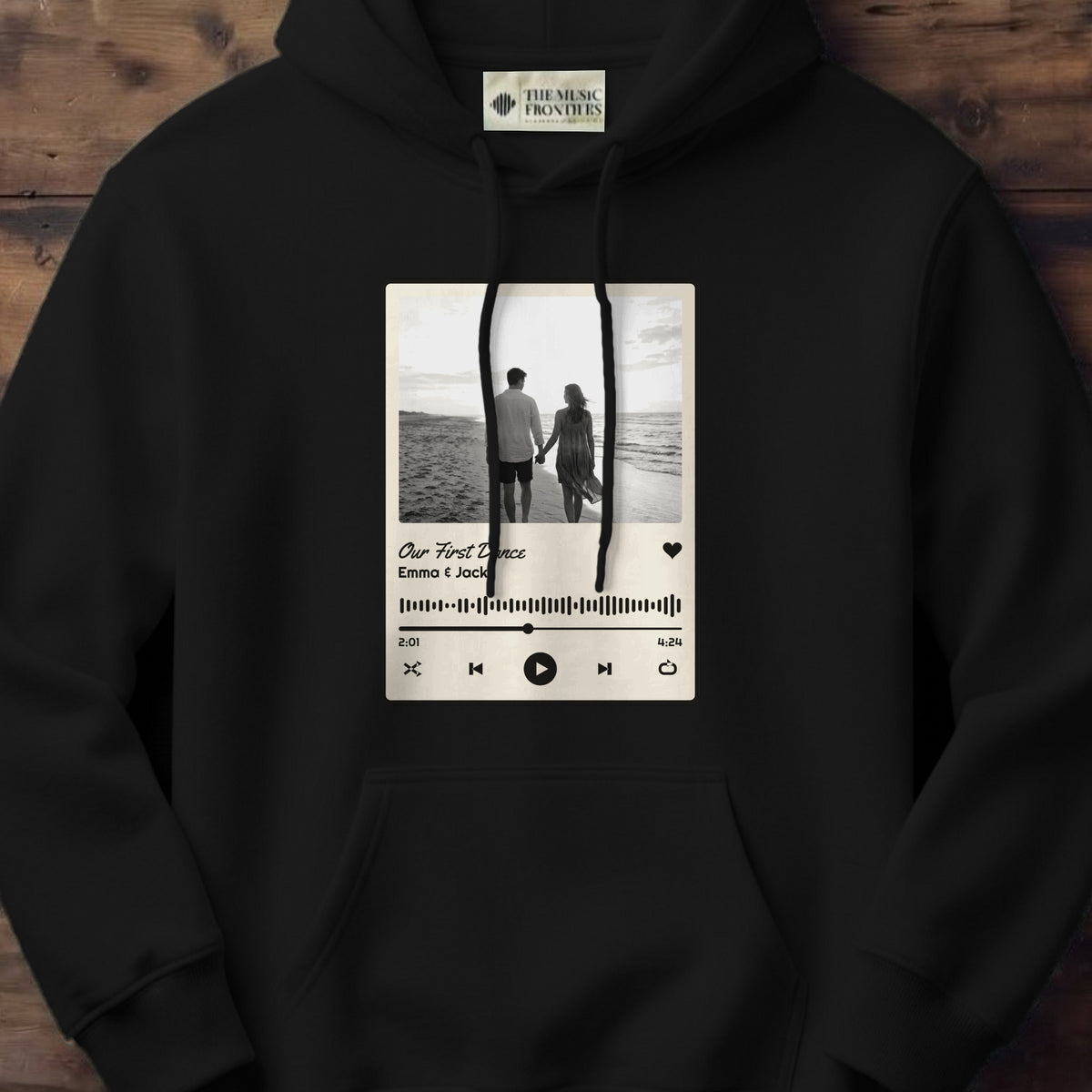 Black hoodie with the personalized Song Title and Photo Music Player design