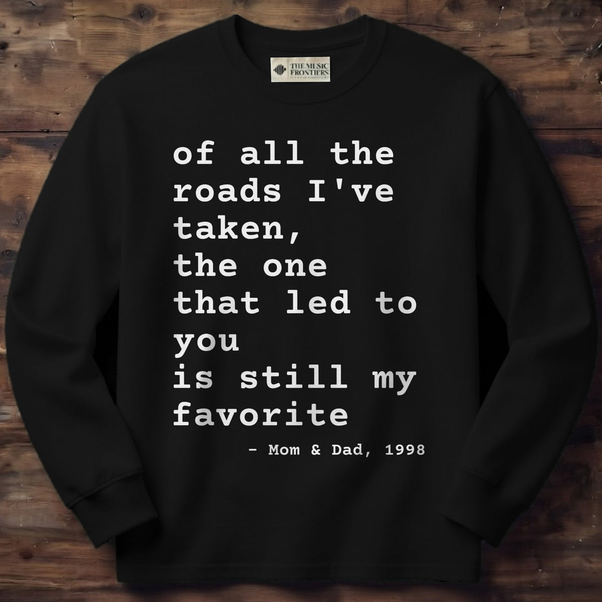 Black long sleeve shirt with the personalized Your Words Typewriter design