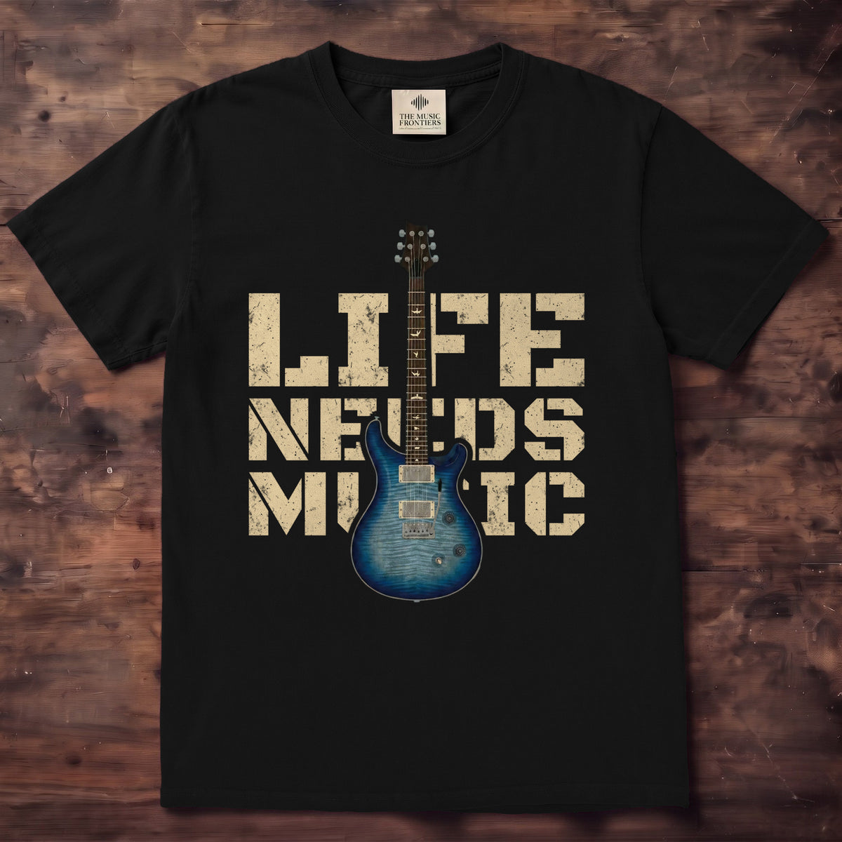 Black Comfort Colors t-shirt with the personalized Text Guitar design