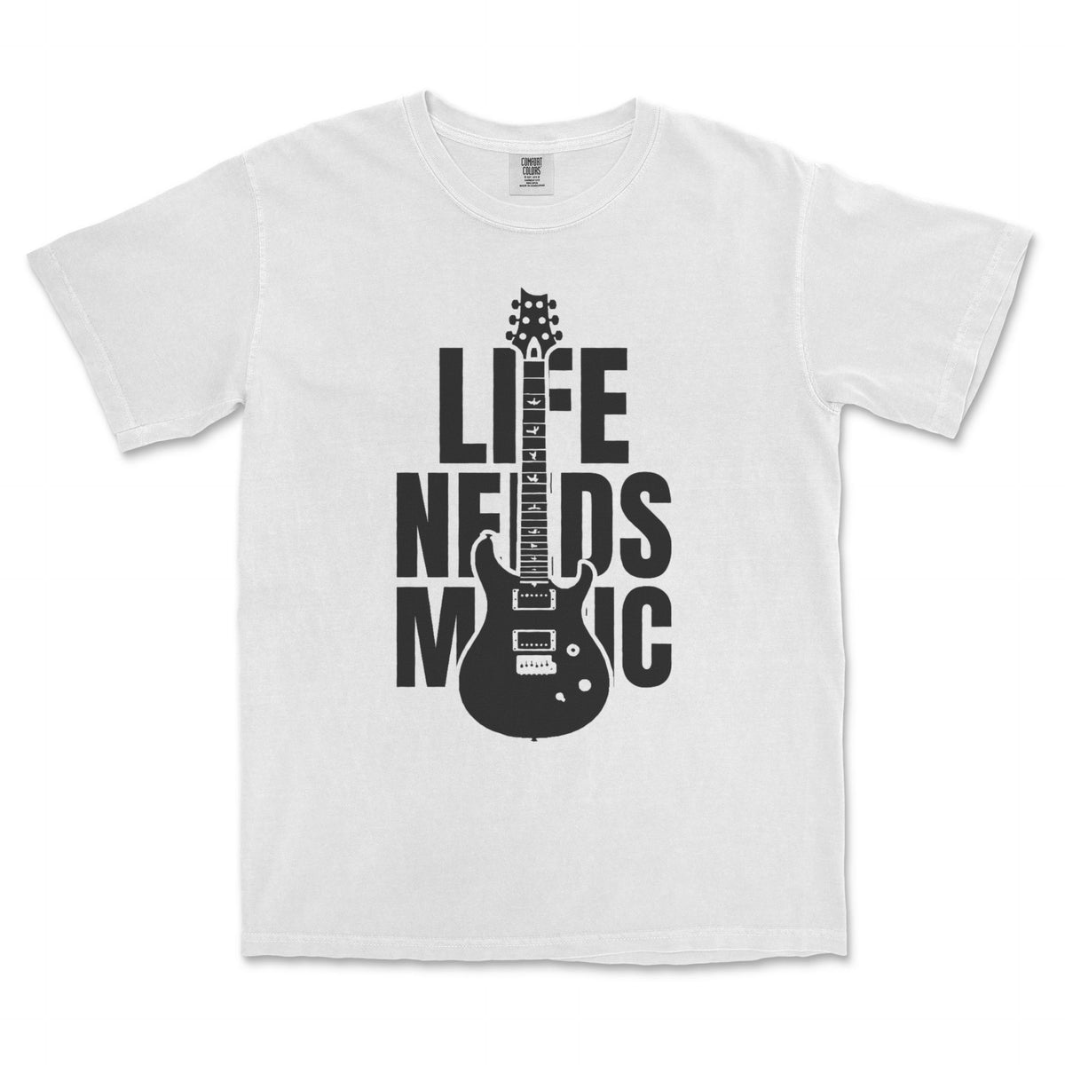 Custom Text Guitar Shirt – Your Words with a Guitar - White garment-dyed tee, front