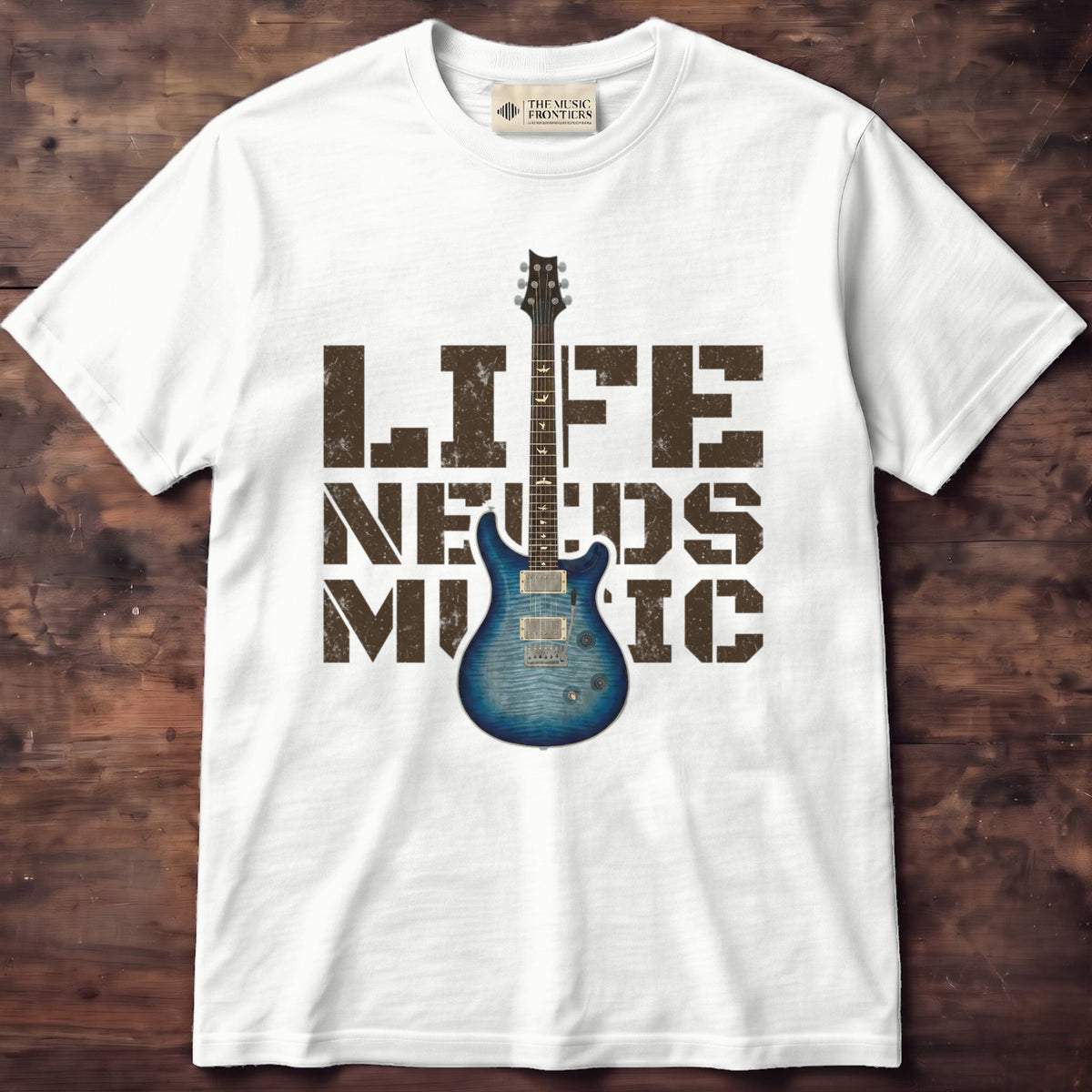 White Comfort Colors t-shirt with the personalized Text Guitar design