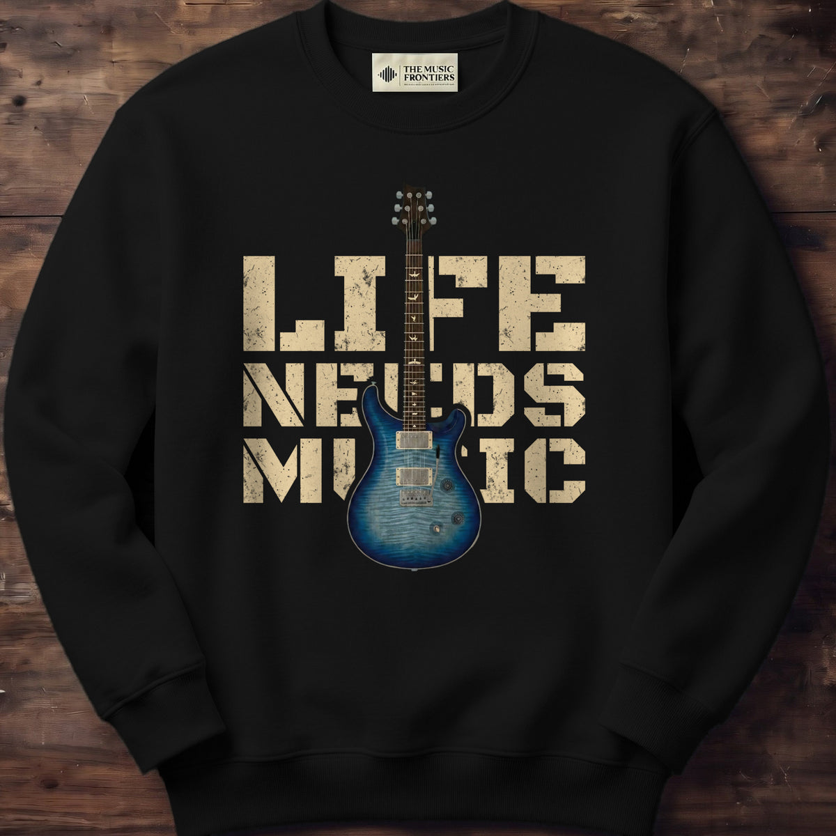 Black sweatshirt with the personalized Text Guitar design