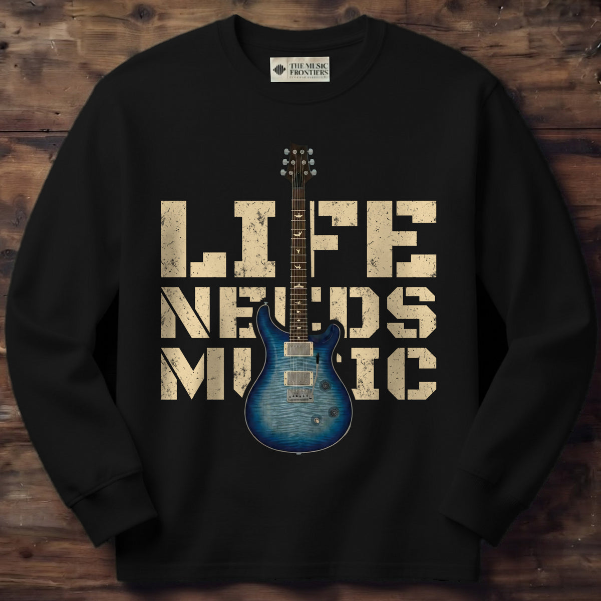 Black long sleeve shirt with the personalized Text Guitar design