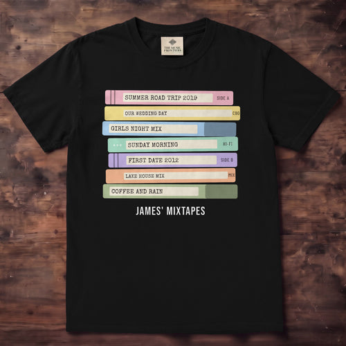 Pepper Comfort Colors tee with a stack of pastel cassette spines labeled Summer Road Trip 2019, Girls Night Mix and Sunday Morning