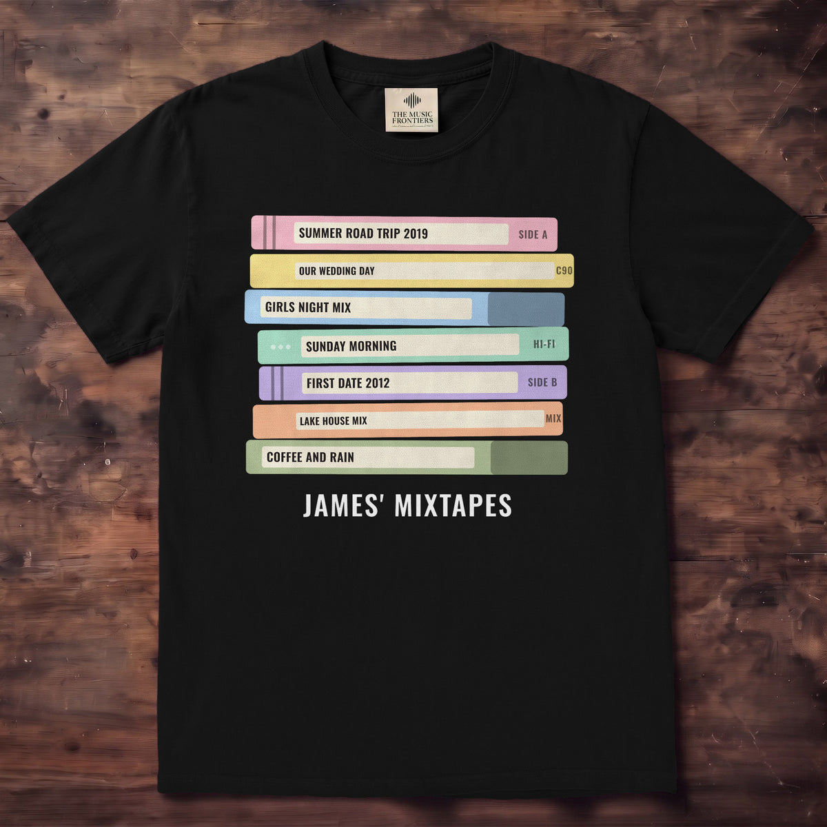 Black Comfort Colors t-shirt with the personalized Cassette Tape Stack design
