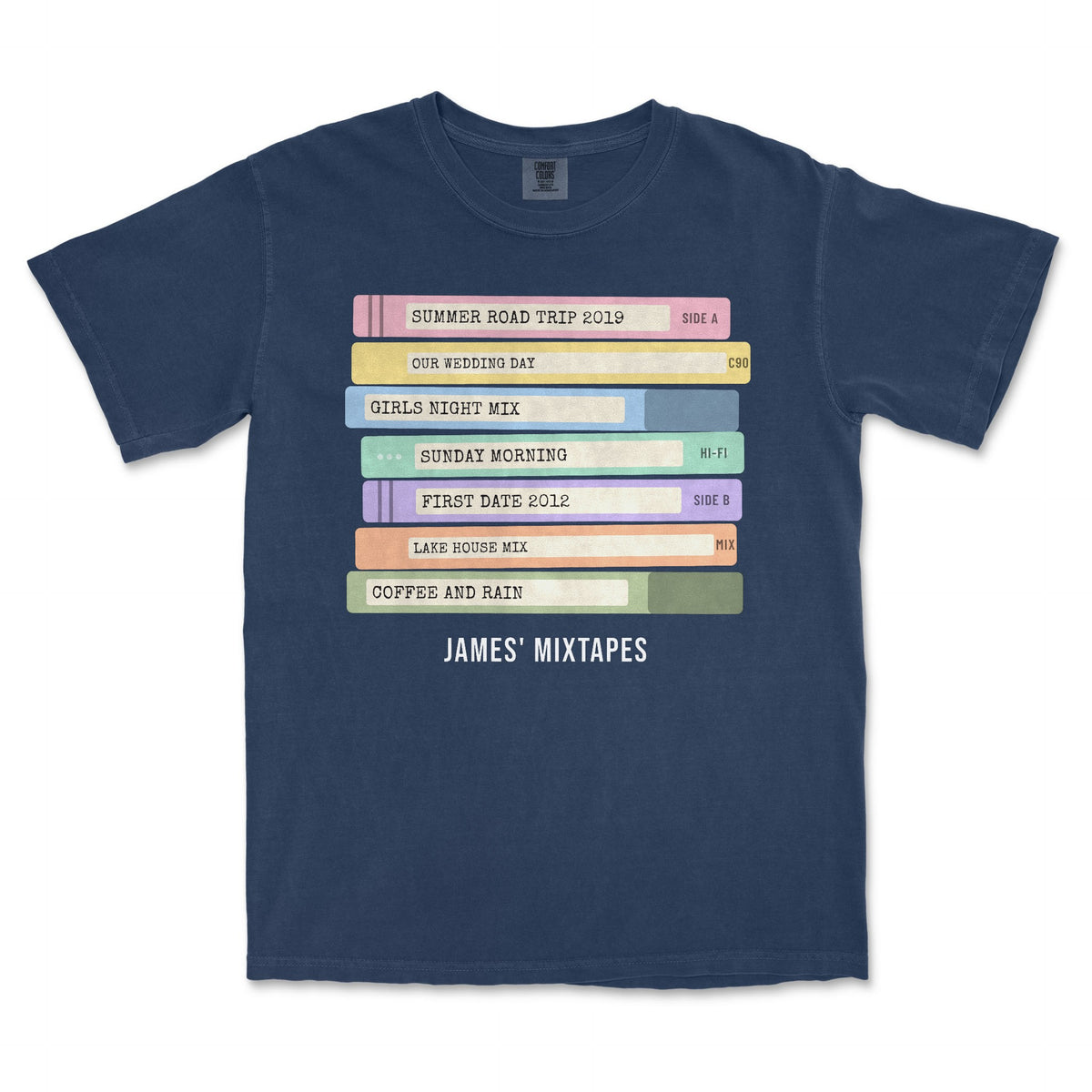 Custom Cassette Tape Stack Shirt – Your Mixtape Labels - Navy garment-dyed tee, front