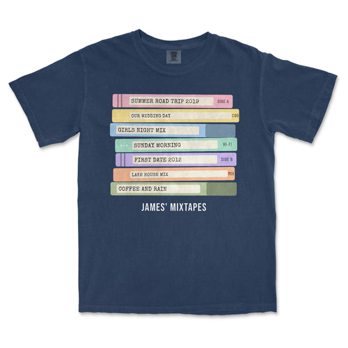 Custom Cassette Tape Stack Shirt – Your Mixtape Labels - Navy garment-dyed tee, front