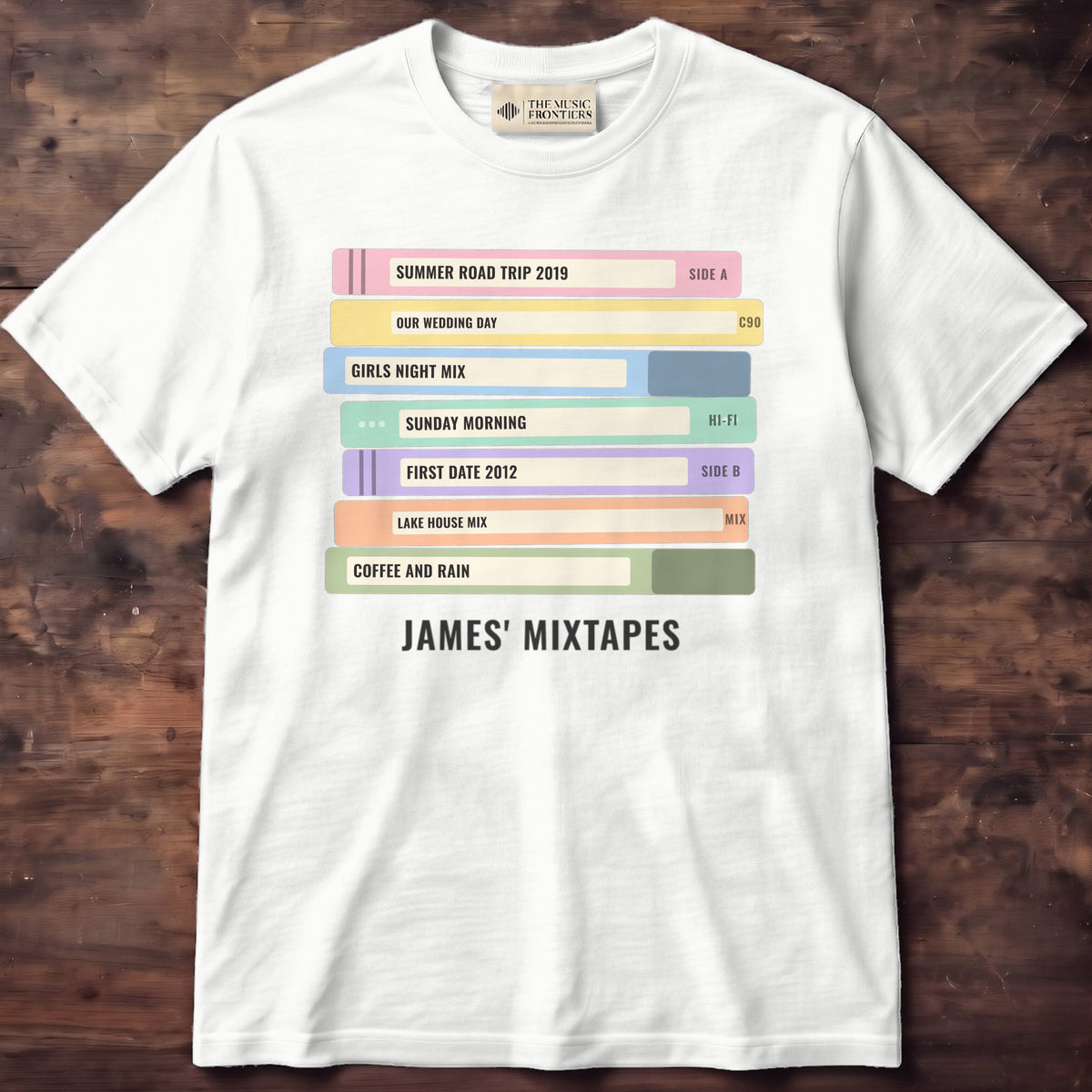 White Comfort Colors t-shirt with the personalized Cassette Tape Stack design