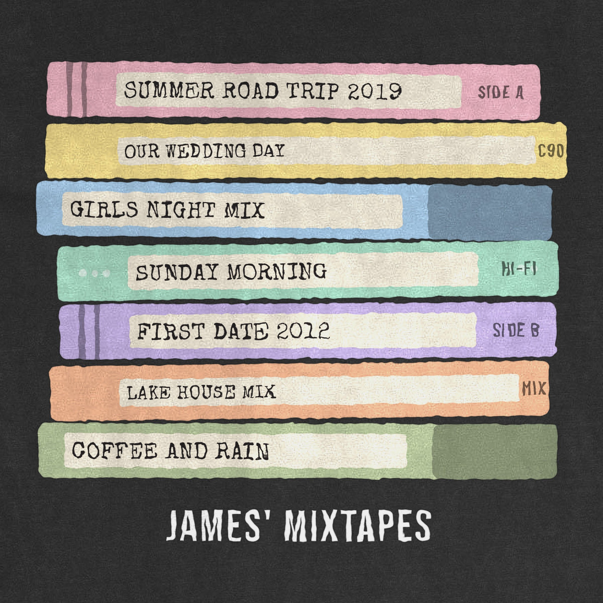 Custom Cassette Tape Stack Shirt – Your Mixtape Labels - close-up of the print on the black shirt