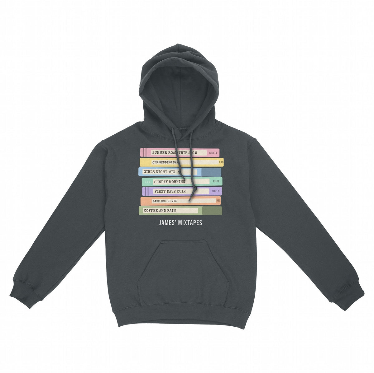 Custom Cassette Tape Stack Shirt – Your Mixtape Labels - Charcoal hoodie, front