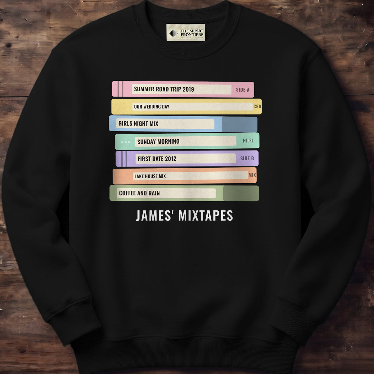 Black sweatshirt with the personalized Cassette Tape Stack design
