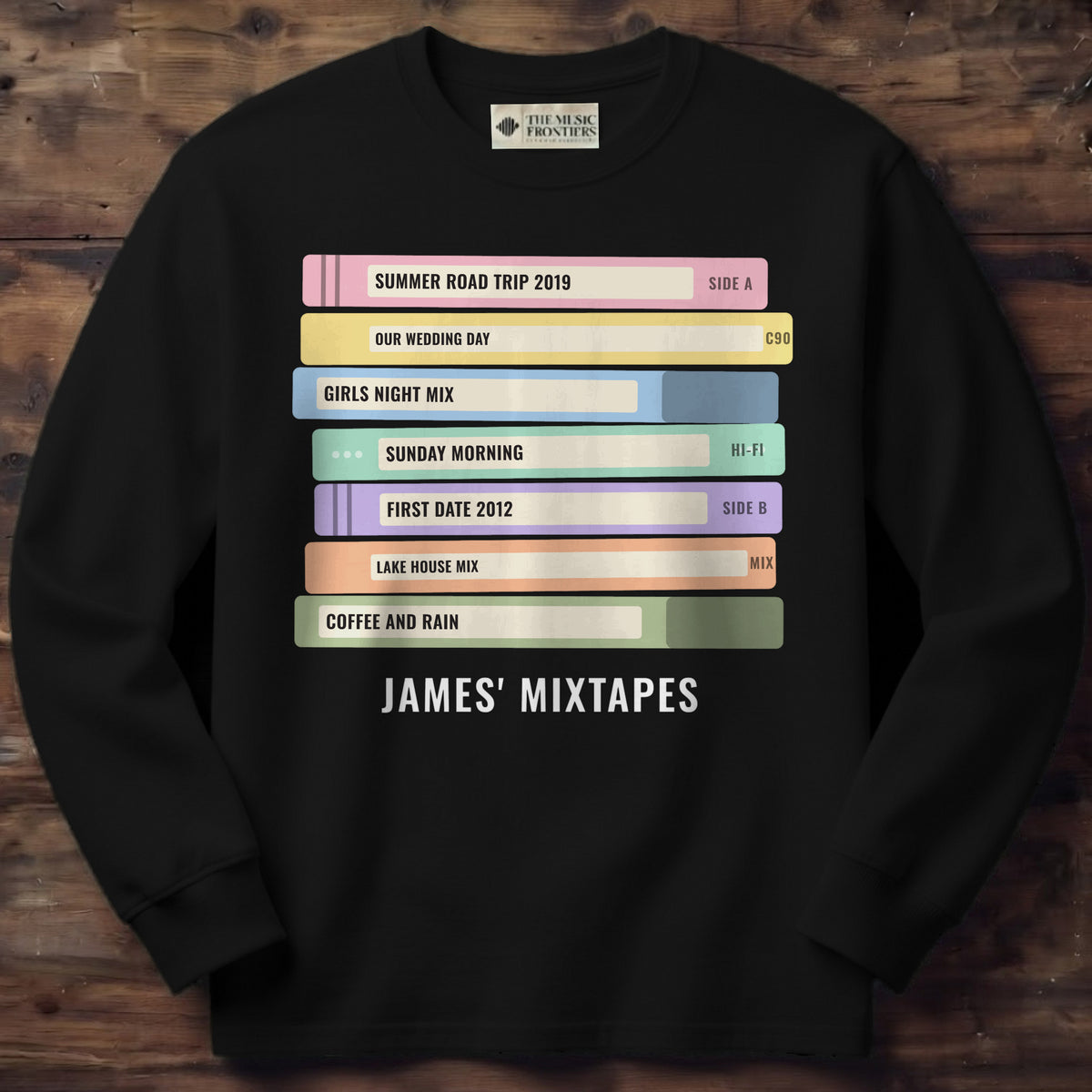 Black long sleeve shirt with the personalized Cassette Tape Stack design