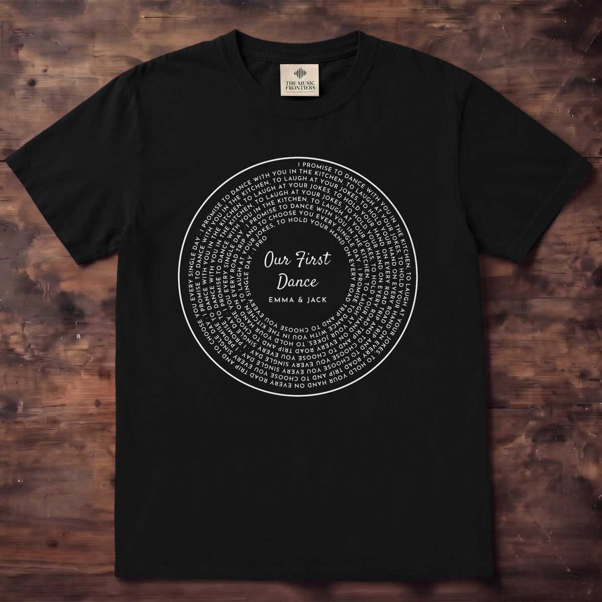Black Comfort Colors t-shirt with the personalized Your Words Vinyl Record with Photo or Song Title design