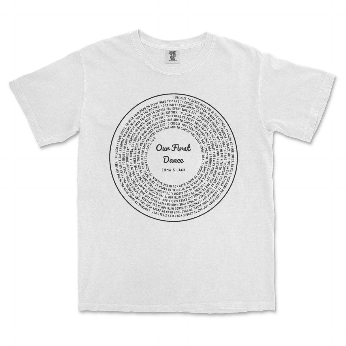Your Words Vinyl Record Shirt with Photo or Song Title - White garment-dyed tee, front