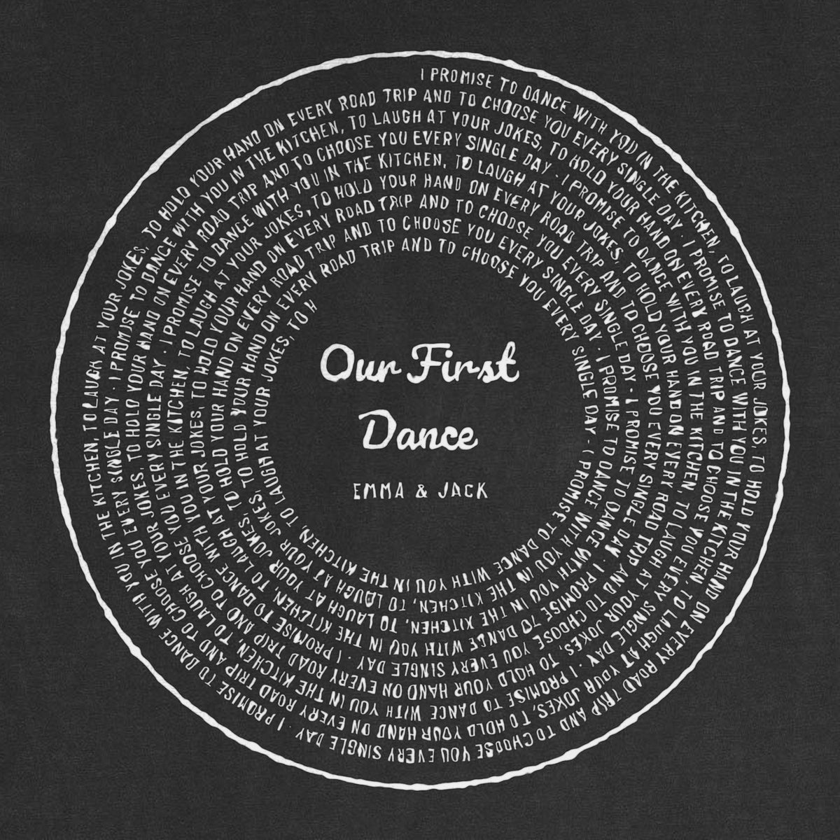 Your Words Vinyl Record Shirt with Photo or Song Title - close-up of the print on the black shirt