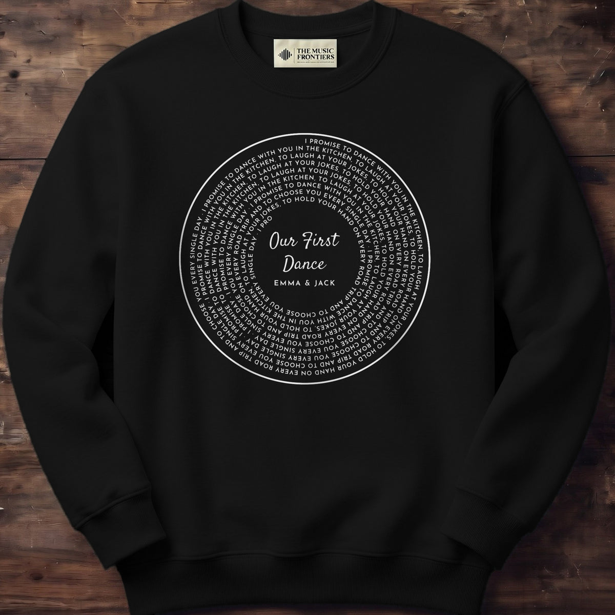 Black sweatshirt with the personalized Your Words Vinyl Record with Photo or Song Title design
