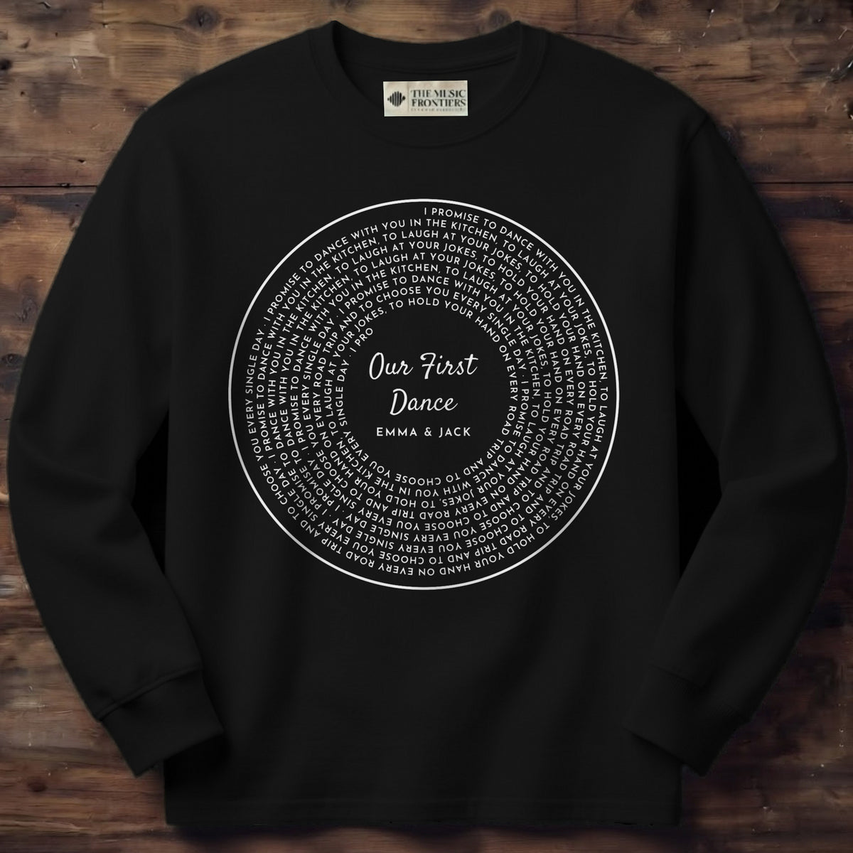 Black long sleeve shirt with the personalized Your Words Vinyl Record with Photo or Song Title design