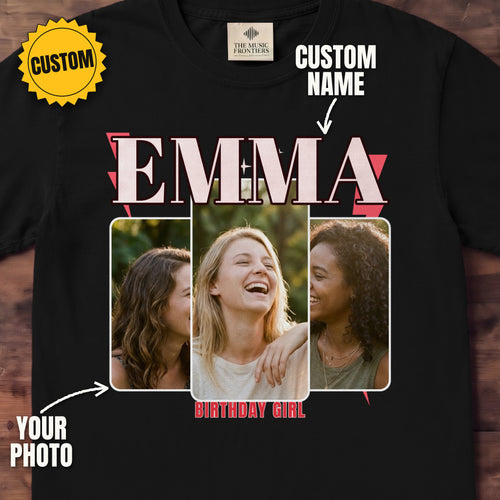 Black t-shirt with the personalized E08 design, custom name and photo labeled