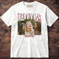 Black tee with EMMA in big glossy red letters over three photos of friends, lightning and sparkles, Birthday Girl