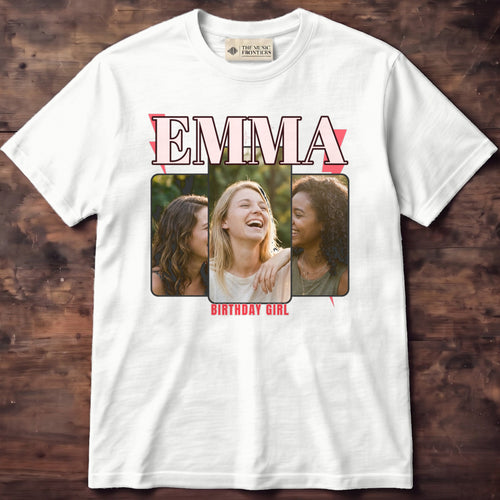 Black tee with EMMA in big glossy red letters over three photos of friends, lightning and sparkles, Birthday Girl