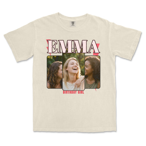 Custom Bootleg Photo Shirt – 90s Style Name and Photos - Ivory garment-dyed tee, front