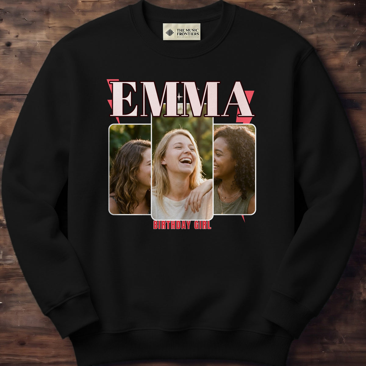 Black sweatshirt with the personalized Bootleg Photo design